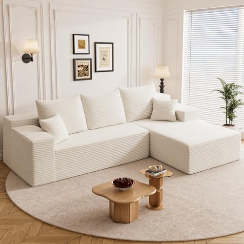 Image of 108 inch L Shaped Boneless Sectional Couches for Living Room, Comfy Corduroy Floor Cloud Sofa with Chaise, Wide Armrest, Deep Seat, Memory Foam, Assembly Free, Ideal for Small Spaces, White