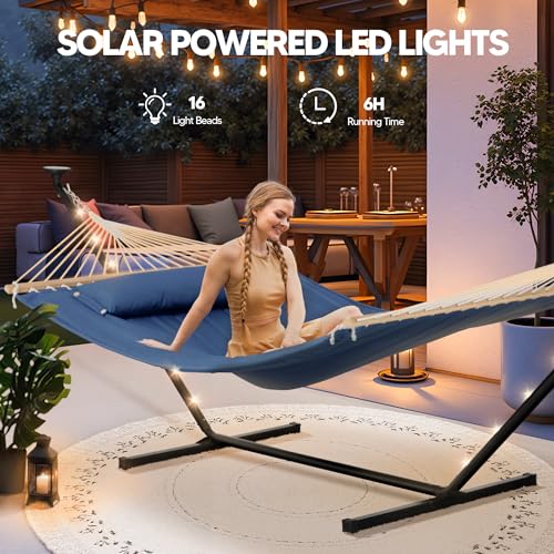 Image of SUNCREAT Patio Hammock with Stand, Solar Powered Lights, Backyard Hammock with Stand for Outside, Navy