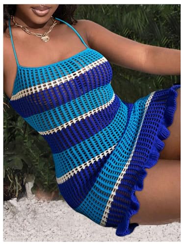 MakeMeChic Women's Striped Crochet Cover Up Mini Dress Lace Up Knit Beach Dresses Swimsuit4