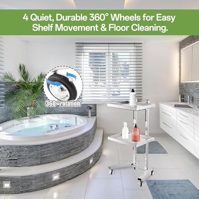 Folding Tray Trolley, Stainless Steel Beauty Salon Tray Trolley, 2 Tier Metal Rolling Cart for Kitchen, Bathroom, Bedroom, Living Room-Rdy3859y