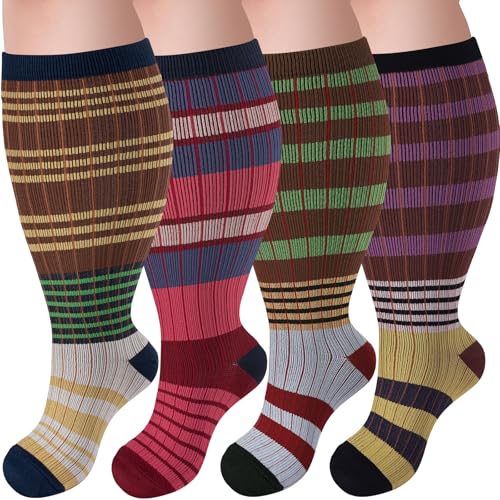 Image of 4 Pairs Plus Size Compression Socks,Extra Wide Calf 20-30 mmHg Knee High Compression Socks for Men Women Circulation