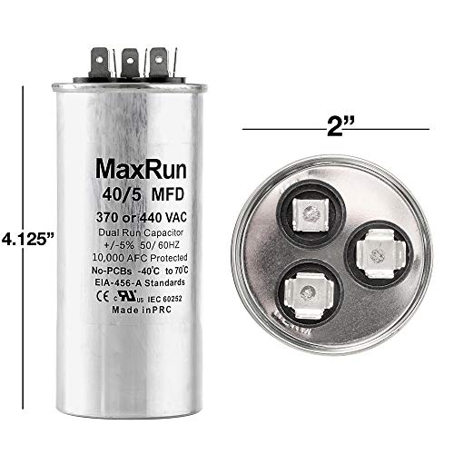 MAXRUN 40+5 MFD uf 370 or 440 Volt VAC Round Motor Dual Run Capacitor for AC Air Conditioner Condenser - 40/5 uf MFD 440V Straight Cool or Heat Pump - Will Run AC Motor and Fan - 5 Year Warranty