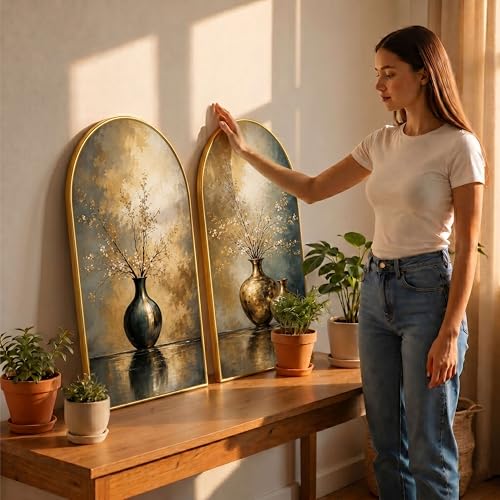 Image of Livin'luxe Set of 2 Vase Wall Painting for Living Room, Abstract Floral Modern Artwork, PVC Golden Frame, Arch Shape Wall Decor for Bedroom, Hall, Office & Gift (30 x 32 Inch) RPNL-02-114