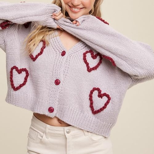 Image of Valentine's Day Cardigan Sweaters for Women Love Heart Print Button Down Cropped Cardigans Y2K Open Front Knit Sweater
