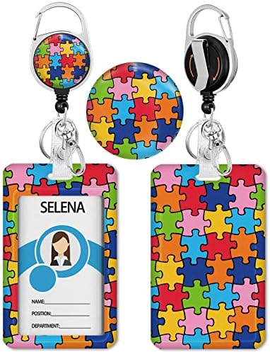 Autism Awareness Badge Holder with Retractable Reel, Puzzle Id Card Badge Case with Carabiner Clip Heavy Duty, Vertical Card Name Tag Badge Protector Cover for Work Office Nurse Teacher Women Gifts
