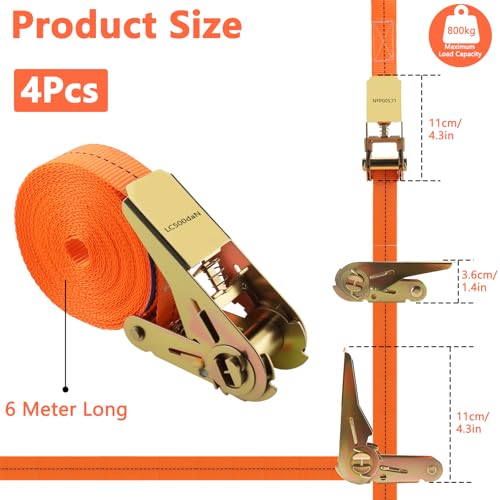Foydream 4 Stück Spanngurte mit Ratsche, Ratschengurte 6m Lang, 25 mm Breit, Komfortabler Zurrgurt für Motorräder, Auto, Anhänger, Haushalt, Orange