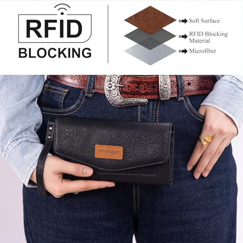 Image of Montana West X Wrangler Black Wallet for Women Large Wristlet Wallet with Rfid Lining Trifold Cash Wallet with Coin Purse and Detachable Wrist Strap