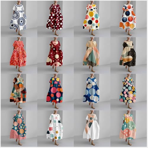Womens Plus Size Polka Dot Boho Floral Maxi Summer Dress Casual Crew Neck Baggy Dress with Pockets2