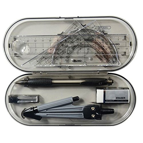 Math Geometry Kit Set 8 Pieces - Shatterproof Box,Rulers,Protractor,Compass and Pencil for Student Supplies