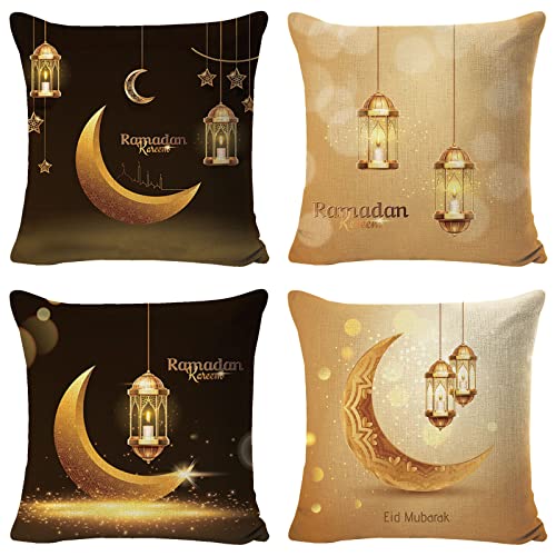 Qunkun 4 Stücke Ramadan kissenbezüge, Ramadan Deko, Ramadan Wurfkissenbezüge, Eid Mubarak kissenbezüge, Ramadan Kissenbezug Kissenhülle Mond Muster Zierkissenbezüge für Eid Mubarak Dekoratio Cover