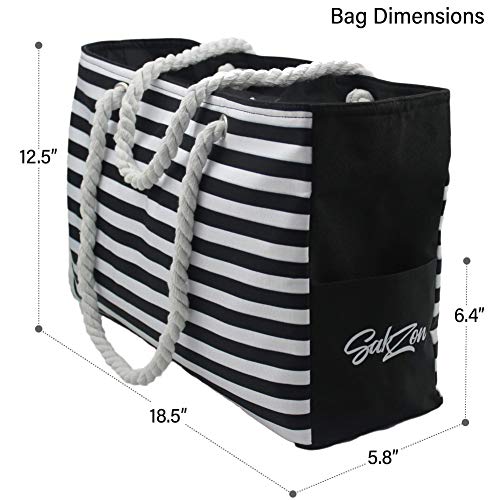 Beach-Tote-Bag-Large-Waterproof-Sandproof-with-YKK-Zippered-top-cotton-rope-handles-and-multiple-pockets-Black
