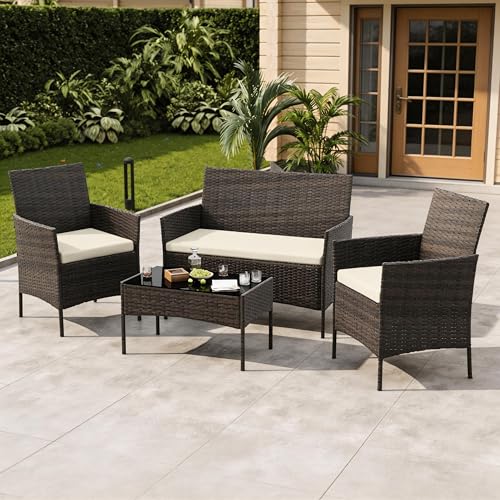 GAOMON 4-Piece Patio Furniture Set, Modern PE Rattan Conversation Set with 2 Chairs, Loveseat & Tempered Glass Coffee Table, All-Weather Outdoor Seati