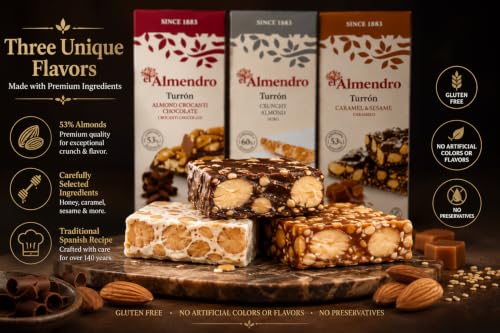 Turron Turrones From Spain, El Almendro Turrones De Chocolate Crocanti, Crunchy Almond Duro, Caramel & Sesame Holiday Variety Christmas Candy Brittle - image 9