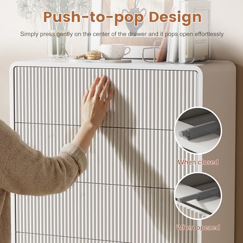 Image of Furniway Bedroom Dresser Set 3 Piece, 5 Drawer Curved Dresser with 2 Nightstands, Modern Fluted Wood Storage Cabinet, White Chest of Drawers with Pop-Up Design, White
