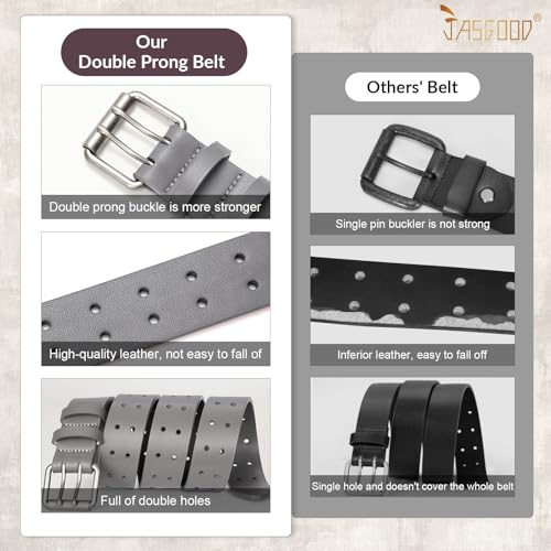Image of JASGOOD Men Double Prong PU Leather Belt Casual Work Heavy Duty Belt Double Grommet Holes Belt for Jeans