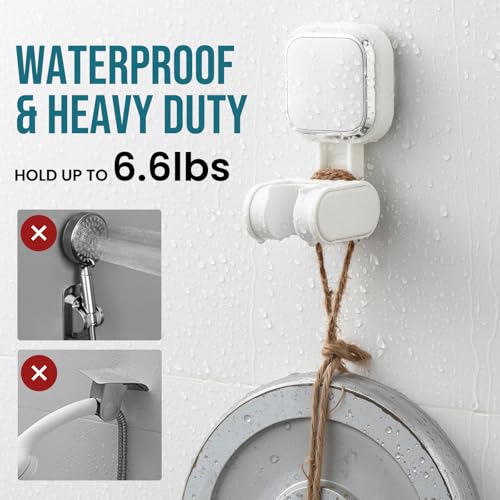 Image of TAILI Shower Head Holder Suction Cup, Adjustable Height & Angle, Wall Mounted, Waterproof, White, Plastic, Square, Bathroom & Shower Fixture
