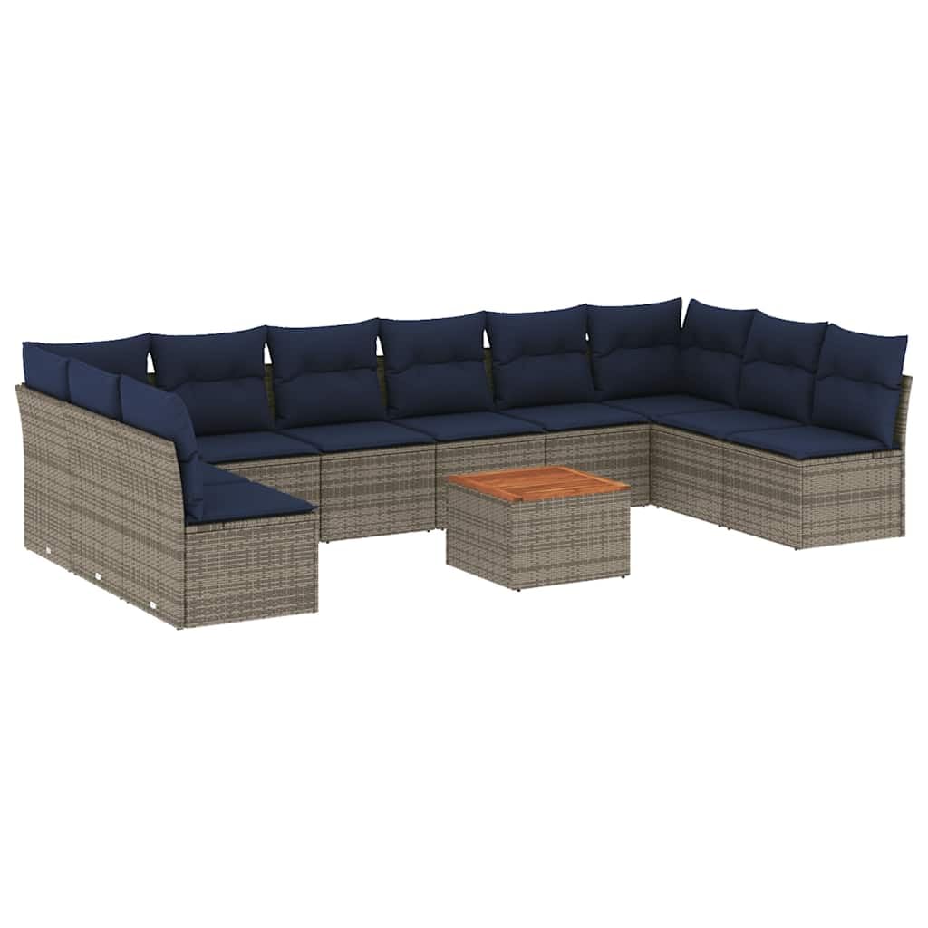 11-TLG. Set divano da giardino grigio polyrattan con tavolo in legno di acacia, 55 x 55 cm, cuscino blu navy, modulare per piccoli balconi, terrazze, giardini, lounge