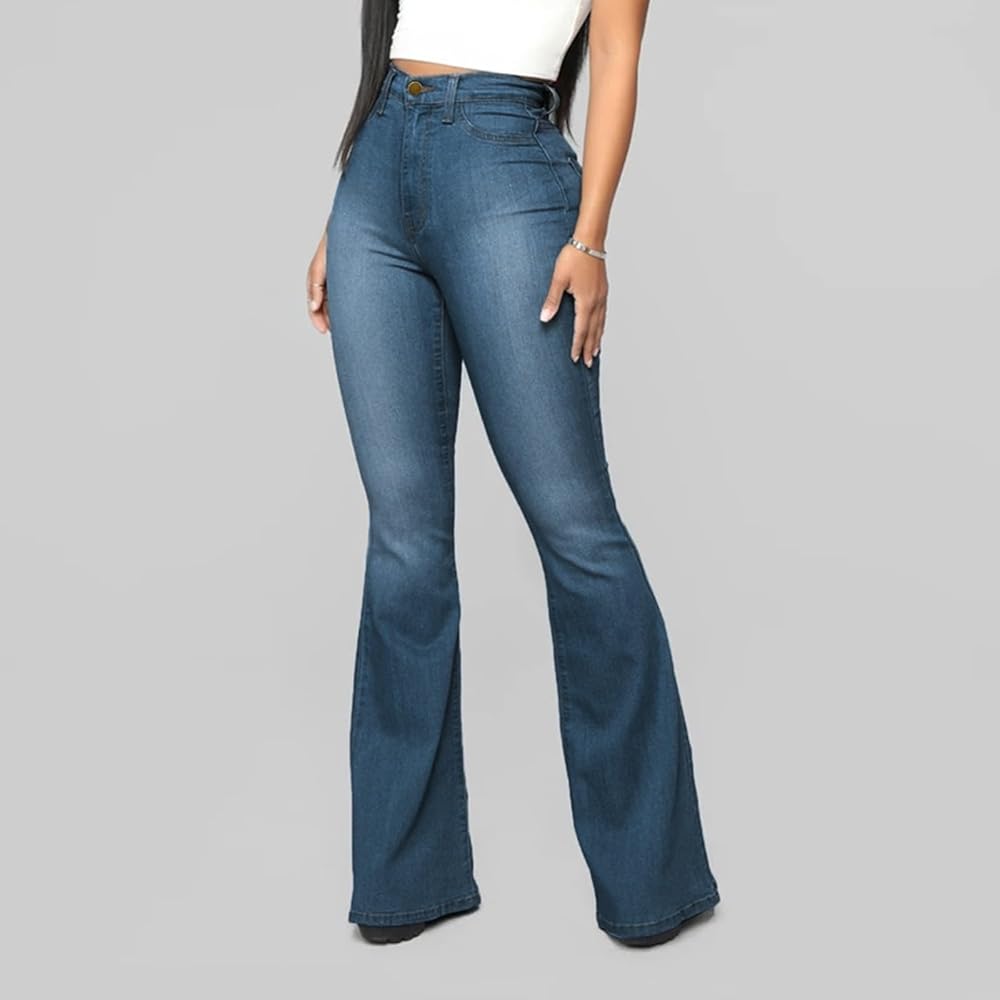 パンツ HIGH WAIST BELL-BOTTOM DENIM PANTS Dark Blue + Blue Stitching High Waisted Bell Bottom Flare