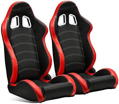 ModifyStreet 1 Pair Universal Black/Red PVC Leather/White Stitching Racing Reclinable Seats