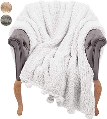 GREEN ORANGE Throw Blanket for Couch - 50x60, Ivory White with Pom Poms
