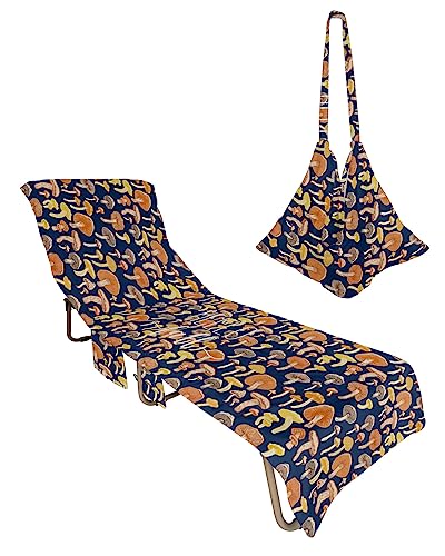 Multicolor Mushroom Beach Chair Towel Covers for Chaise Lounge with Side Pocket, Soft Plush Pool Towels Cover for Patio Sunbathing Outdoor 29''x85'' Rustic Country Cartoon Fall Navy Blue