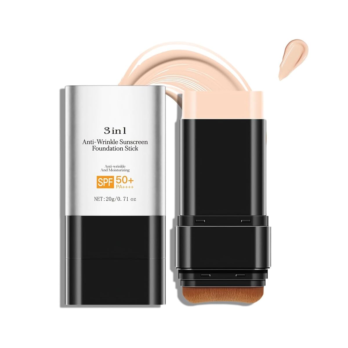 3 In 1-Luxury Anti-Wrinkle Foundation Stick SPF 50+ with Brush, Hydrating Non-Sticky Matte Foundation Stick, Travel Size Defense Face and Body Sunscreen Lotion, Light Color, 1.42 Fl Oz (Light) 1PCS-Light