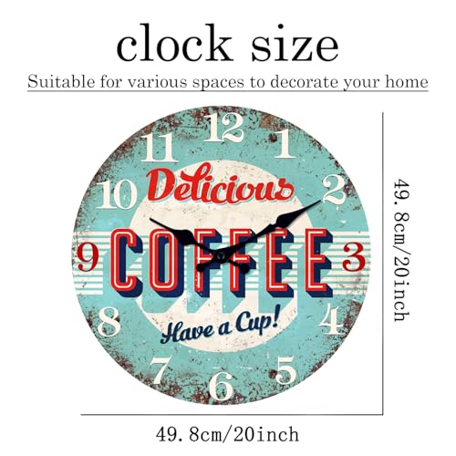 Image of XFM 20 Inch Blue Coffee Wooden Wall Clocks Battery Operated Silent | Vintage Farmhouse Large Retro Round Decorative for Kitchen Living Room Office Non-Ticking