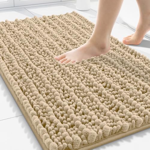 Image of Smiry Bathroom Rugs Mat 30x20, Extra Soft Absorbent Chenille Bath Rugs, Non Slip Rubber Backing Machine Washable Quick Dry Bath Mats for Bathroom Floor, Tub, Shower, Home Decor Accessories, Beige