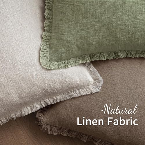 Image of MIULEE Decorative Throw Pillow Covers Neutral Linen Fringe Throw Pillows Euro Shams Set of 2 Cocoa Brown Boho Farmhouse Cushion Covers for Couch Sofa Bed Living Room Fall Home Decor 28x28 Inch
