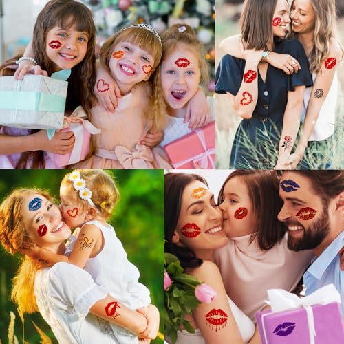 Image of 180 Pcs Large Size Valentine's Day Party Favors Kiss Lip Temporary Tattoos Stickers for Adult Women, 12 Sheets Bright Red Kiss Lip Print Fake Tattoos for Valentine's Day Costume Accessories