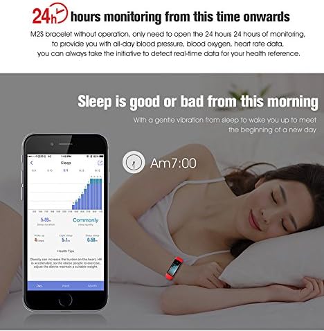 Image showing a person sleeping with the smart band on, and a smartphone displaying sleep tracking data from the app.