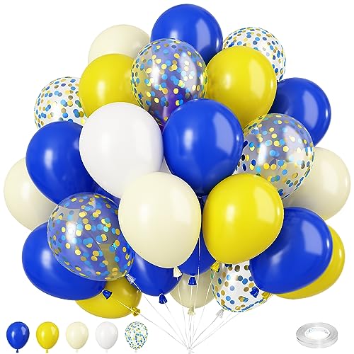 Image of Blue and Yellow Balloons Set, 50Pcs 12 Inch Royal White Confetti Latex Balloons for Wedding Anniversary Baby Shower Birthday Party Decorations