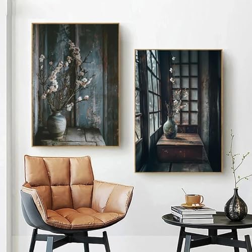 Póster artístico vintage de estilo zen clásico con diseño de jarrón, flores, bonsái y bodegón, lienzo, impresiones para pared, decoración del hogar, 30 x 40 cm, 2 piezas, sin marco