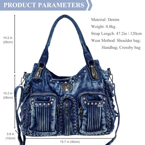 Image of Designer Denim Handbags for Women Hobo Tote Bag Crossbody Denim Purses Blue Jean Shoulder Bag