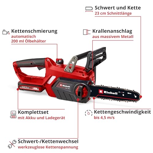 Einhell Akku-Kettensäge GE-LC 18/25-1 Li Kit Power X-Change (18 V, 23 cm Schnittlänge, 4,5 m/s Kettengeschwindigkeit, autom. Kettenschmierung, inkl. 1x 3,0 Ah Akku + Ladegerät) 3