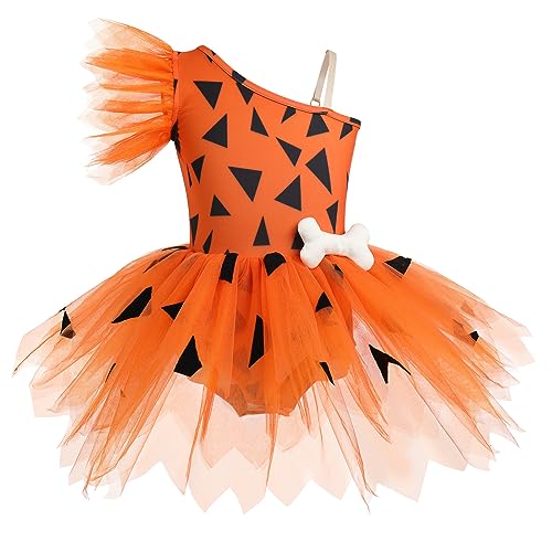 IBAKOM Toddler Ballet Dress for Girls Ballerina One Shoulder Mermaid Cavegirl Dance Dress with Camisole Leotard Shiny Sequins Ballet Leotard Tulle Tutu Dance Skirt Orange 9-10 Years