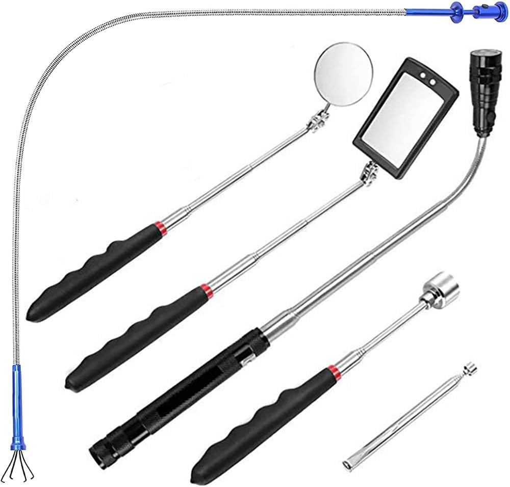 6 Pezzi Strumento Magnetico per Pickup, 1.5/4/20lb Strumento di Prelievo Magnetico e Specchio di Ispezione Quadrato/Circolare, con LED Illuminato e Maniglia Telescopica Rotante a 360°
