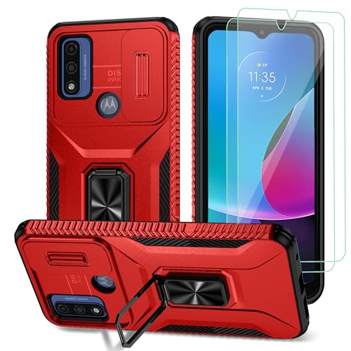 AKINIK for Moto G Pure/G Power 2022/G Play 2023, Slide Camera Cover, 2 HD Screen Protectors, 360 Ring Kickstand [Military Grade] Protective Case (Red)