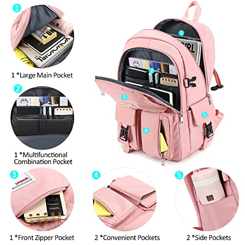 VARLIVOO Casual Meisje Schooltas Student Boekentas Rugzak College Dagrugzak Vrouwen Tieners Rugzak 15.6"Laptop School Reizen Camping Waterdicht Polyester Roze - Image 5