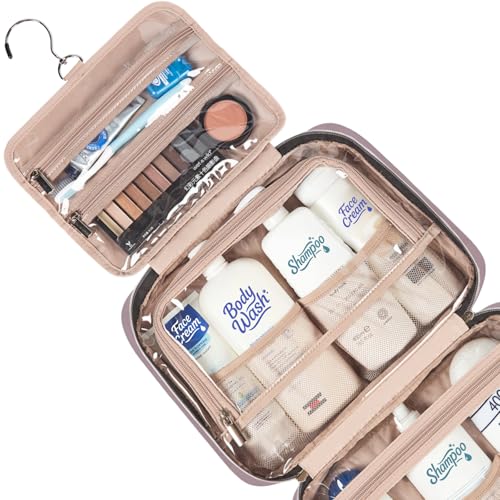 Image of NISHEL Travel Toiletry Bag for women, Portable Hanging Organizer for Full-Sized Shampoo, Conditioner, Brushes Set, Makeup Accessories, Large Size, Peach Pink