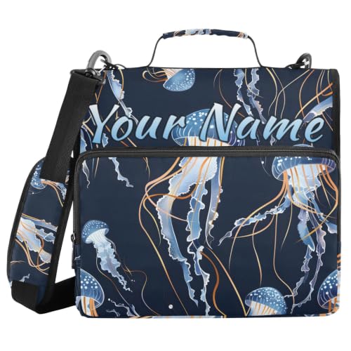 Image of Custom 3 Ring Zipper Binder Jellyfish Dark Ocean Personalized Name 1.5 Inch Binders Large Capacity Multi Pockets for School Office Supplies