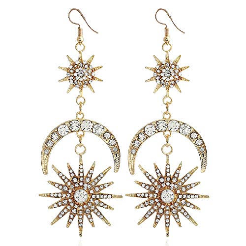 KaFu Exaggerated Luxury Sun Moon Stars Drop Earrings Rhinestone Punk Earrings for Women Jewelry Golden Boho Vintage Statement Earrings (Gold)