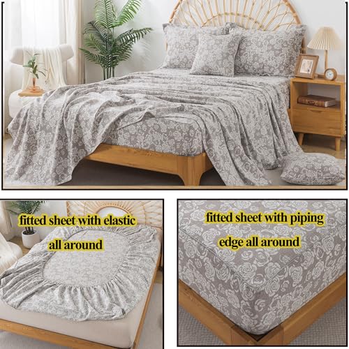 Image of FADFAY Rose Sheets Set Queen Vintage Curry Floral Bedding Shabby Farmhouse Bedding Super Soft Washed Double -Layer Muslin Sheets Luxury 100% Cotton Breathable Deep Pocket Fitted Sheet 4Pc, Queen Size
