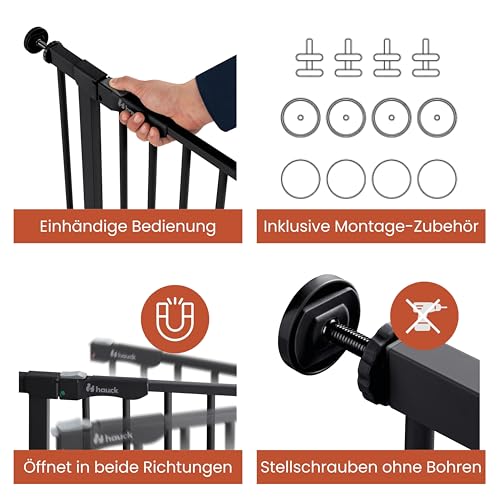 hauck Clear Step Autoclose 2, Schwarz - Kinderschutzgitter Hundegitter Verstellbare Breite 75-80cm, 77cm Hoch, Selbstschließend, Flacher Einstieg, Beidseitige Einhand Öffnung, ohne Bohren