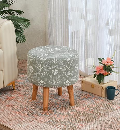 Image of NACIA Printed Ottoman Stool Set of 2 | Soft Cushioned Velvet Pouf Footrest with Wooden Legs | Decorative Seating Stool for Bedroom Living Room Home & Office (16x16x17 Inch, Green Leaf)