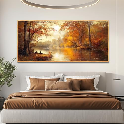 Image of FUHAIHUA Canvas Wall Art For Living Room Large Wall Decor For Office Modern Bedroom Decorations Saffron Yellow Tree Landscape Pictures Forest Paintings Artwork Ready To Hang Home Decor 32 inchx72 inch