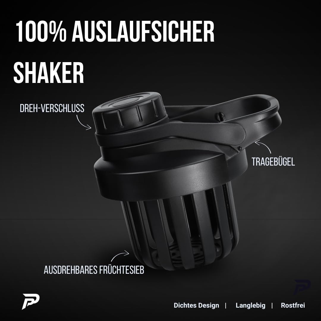 Protein Shaker Edelstahl 750 ml Schwarz — Doppelwandig Isoliert, Auslaufsicher mit Schraubverschluss, Mix-Ball inklusive & Frucht-Infuser, 304 Edelstahl, BPA-frei, Spülmaschinenfest (45°)