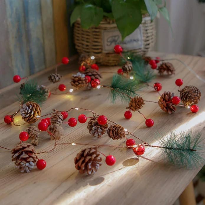 NYRWANA Christmas String LED Lights With Red Berry, Bells, Pine-Needle and Pine-Cone Wreath Tree Garland Decoration, 10 cm-image-35