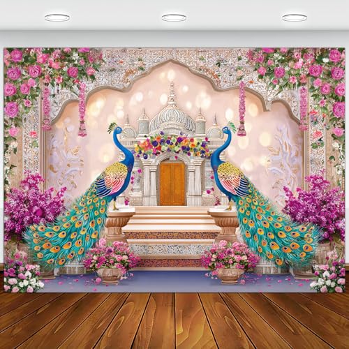 Image of India Peacock Backdrop, Boho Pink Floral Palace Decorations, India Wedding India Ceremony Party Decoration Bridal Shower Photography Decoration Wall Decor Fabric Photography Background 7X5FT