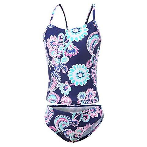 Big Girls Two Piece Tankini Swimsuits Hawaiian Floral Swimwear Kids Beach Bathing Suit Purple Size 12/10-12 Years Cover